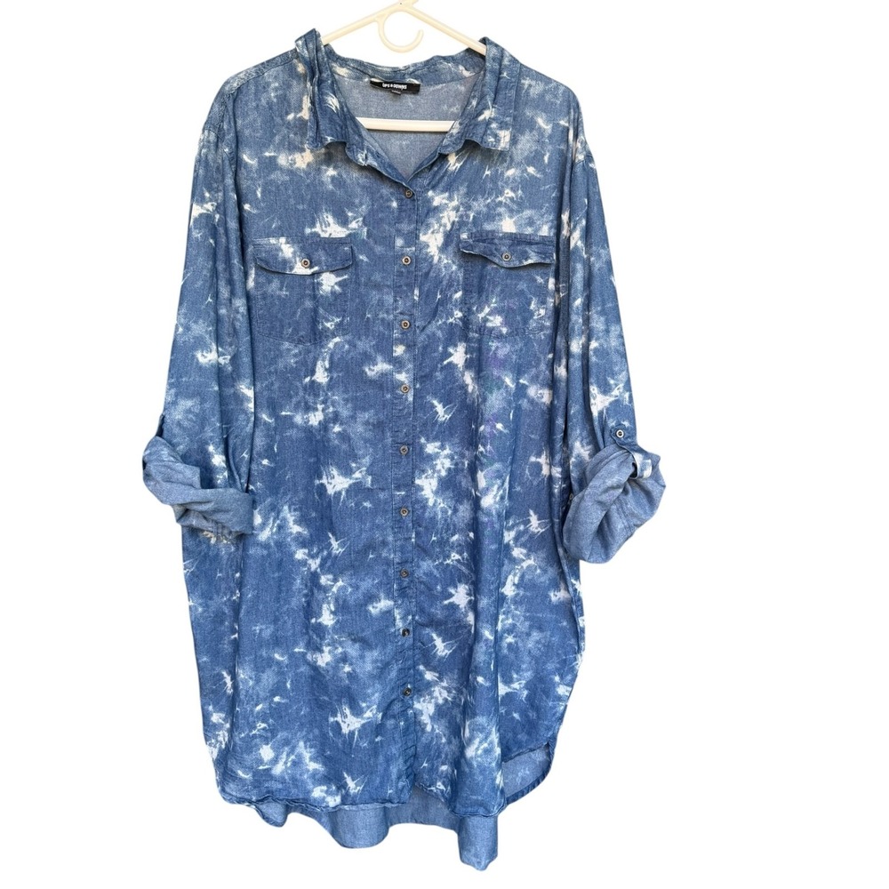 UPS & DOWNS Shirt Dress Womens 3X Blue Tie Dye Chambray Roll Tab Pockets